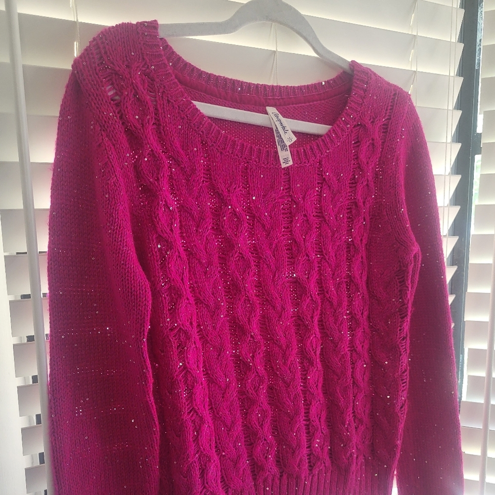 Aeropostale Super Pretty Pink with Sparkle Cable Knit Crew Neck Sweater